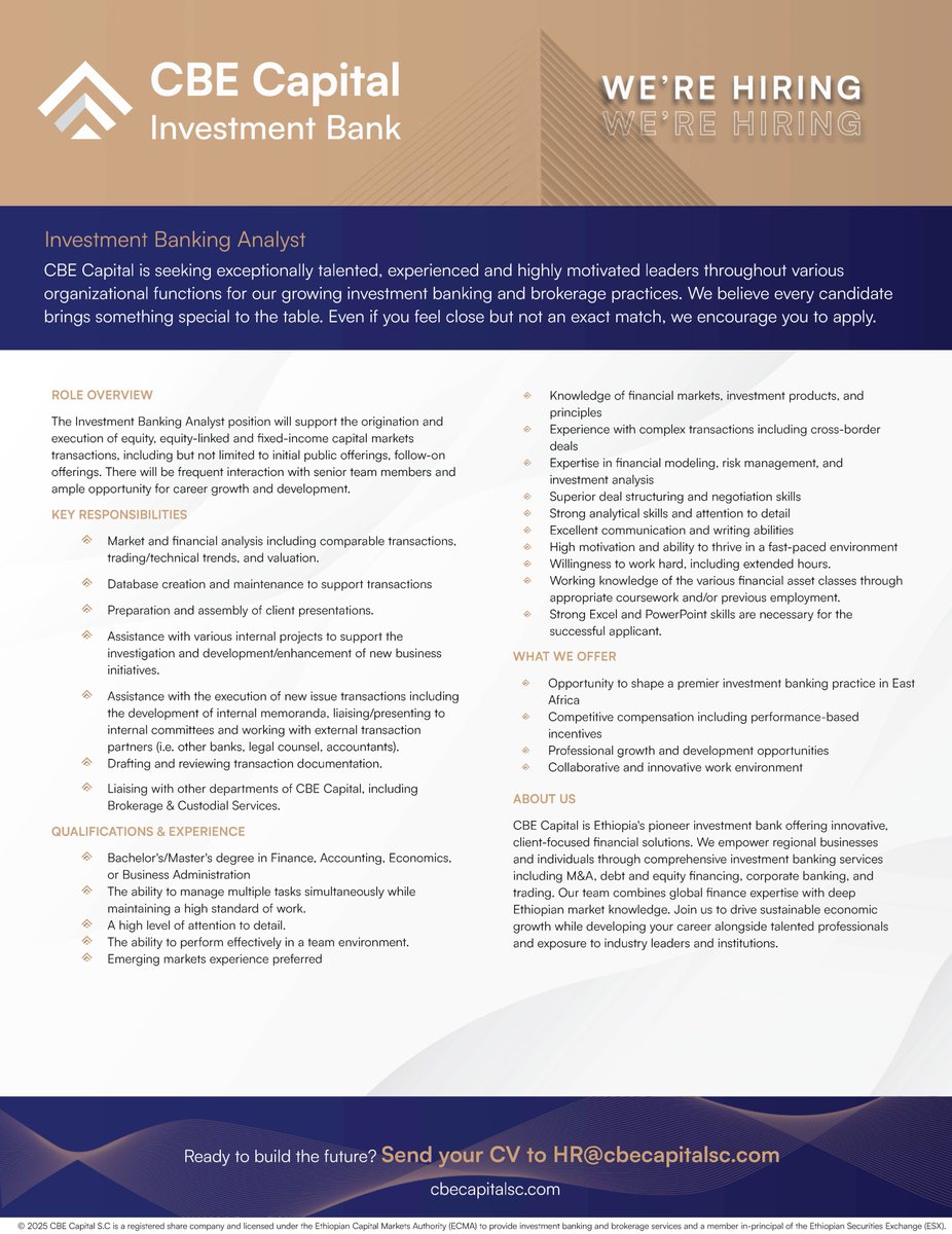 We’re Hiring! CBE Capital Investment Bank is hiring an Analyst for our Investment Banking Group. See attached details.

Website: cbecapitalsc.com