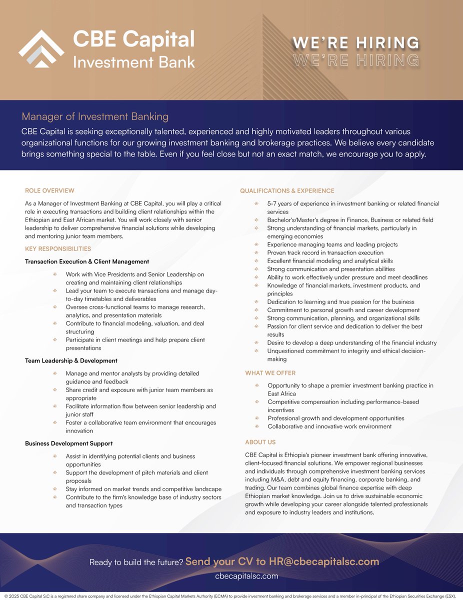 We’re Hiring! CBE Capital Investment Bank is hiring a Manager for our Investment Banking Group. See attached details.

Website: cbecapitalsc.com
