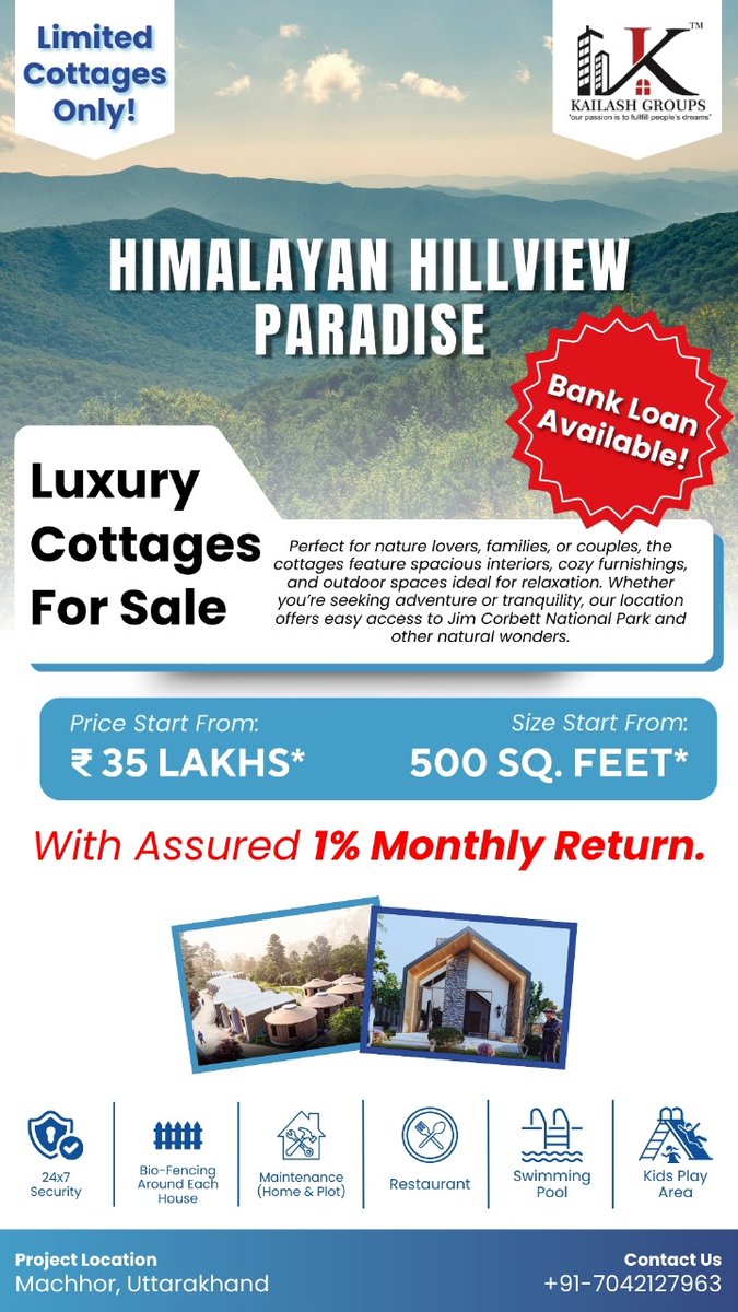 worldoftinku's tweet photo. "Himalayan Hillview Paradise" by Kailash Groups – A perfect vacation home nestled in nature! 🌲🏔️

✅ Own a Luxury Cottage for Just ₹35 Lakhs
✅ Earn 1% Monthly ROI (₹35,000/- Assured)
✅Loan Available (Govt. Bank)
✅ Premium Amenities: Restaurant, Bar, Club 

Call @ 7042127963 https://t.co/8hatLGtvfz
