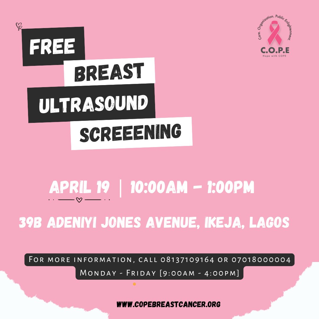 COPEBCNIGERIA's tweet photo. Join us next week Saturday, April 19th, for our FREE breast ultrasound screening opportunity for the month of April.

It's happening from 10:00am to 1:00pm prompt! https://t.co/B5g5zhY3mZ