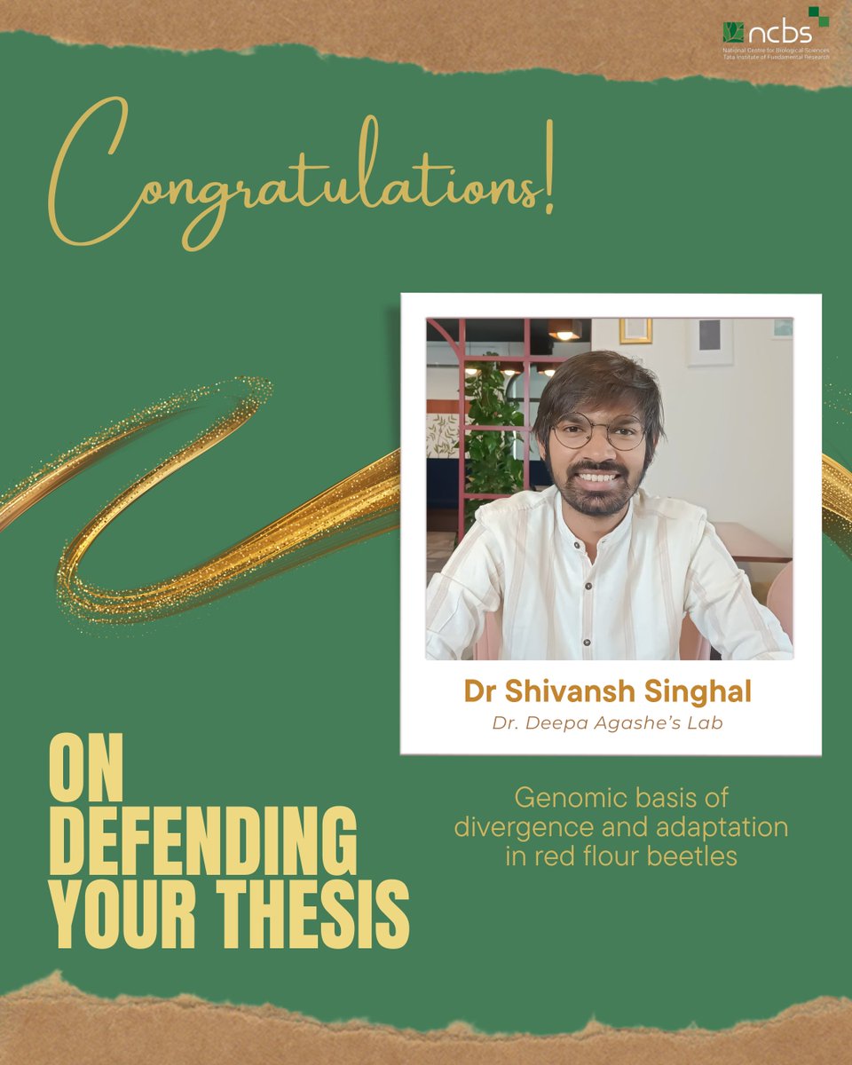 NCBS_Bangalore's tweet image. #PhDone! 🎓  Congratulations Dr Shivansh! 🎉
Shivansh Singhal, from Dr Deepa Agashe's lab successfully defended his thesis!
🧵Scroll down to learn about his work on studying #genomic changes in the red flour beetle to understand species #adaptation and #evolution. 🪲 🧬
(1/6)