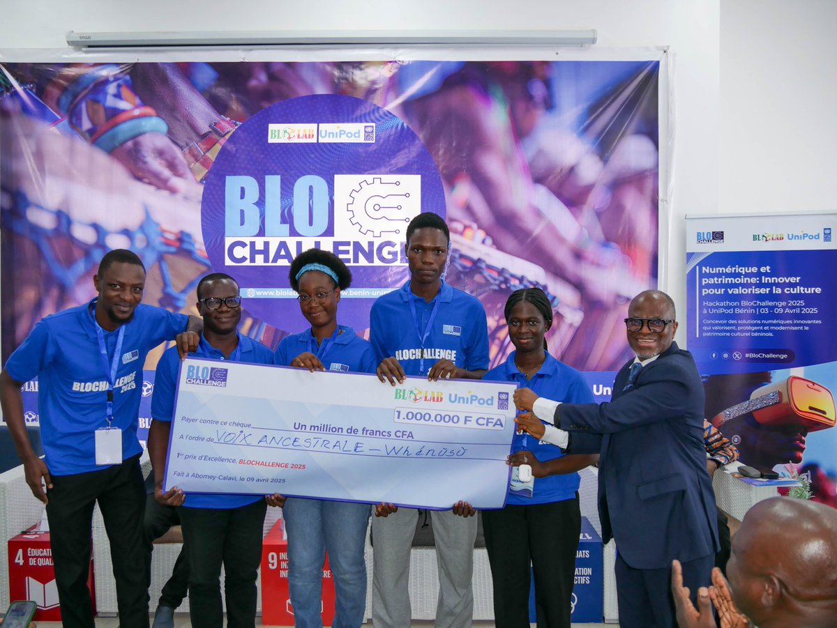 PNUDBenin's tweet photo. 👏👏👏Bravo aux équipes &amp; aux lauréats du #Blochallenge2025!

🥇:Whénùsù, une application dédiée à la sauvegarde du patrimoine immatériel 
🥈:HAL, une solution immersive pour redonner vie aux sites historiques
🥉:Nuɖuɖu dòdó, une plateforme qui sublime le patrimoine culinaire 🇧🇯 https://t.co/4VmDBqSeAg