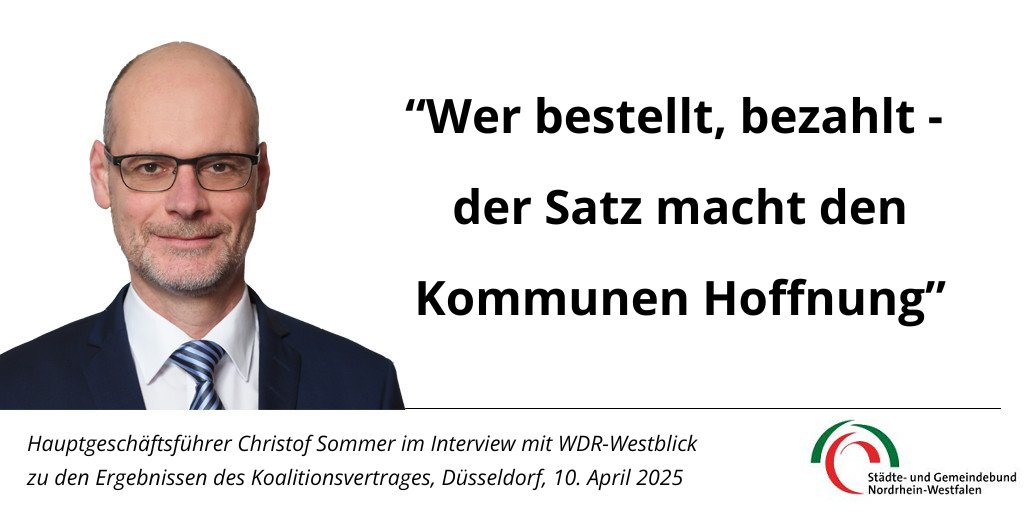 Hauptgeschäftsführer Sommer über die Inhalte des Koalitionsvertrages: Für Altschulden und Migration gibt es zumindest Ansätze, am Prinzip "Wer bestellt, bezahlt" wird sich die Regierung messen lassen müssen.
Das Interview mit WDR Westblick in Auszügen: kommunen.nrw/presse/intervi…