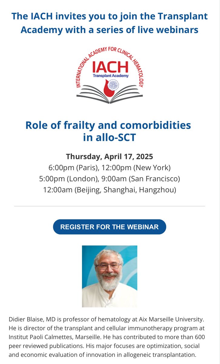 Mohamad Mohty (@mohty_ebmt) on Twitter photo Managing frail patients with blood diseases is a challenging task, balancing complex treatments with heightened risks and vulnerability.
Don’t miss this webinar by <a href="/TheIACH/">IACH</a>
Free registration: us06web.zoom.us/webinar/regist…
<a href="/TheEBMT_Nurses/">EBMT Nurses</a> <a href="/TheEBMT_CTIWP/">EBMT_Cellular_Therapy</a> Managing frail patients with blood diseases is a challenging task, balancing complex treatments with heightened risks and vulnerability.
Don’t miss this webinar by <a href="/TheIACH/">IACH</a>
Free registration: us06web.zoom.us/webinar/regist…
<a href="/TheEBMT_Nurses/">EBMT Nurses</a> <a href="/TheEBMT_CTIWP/">EBMT_Cellular_Therapy</a>