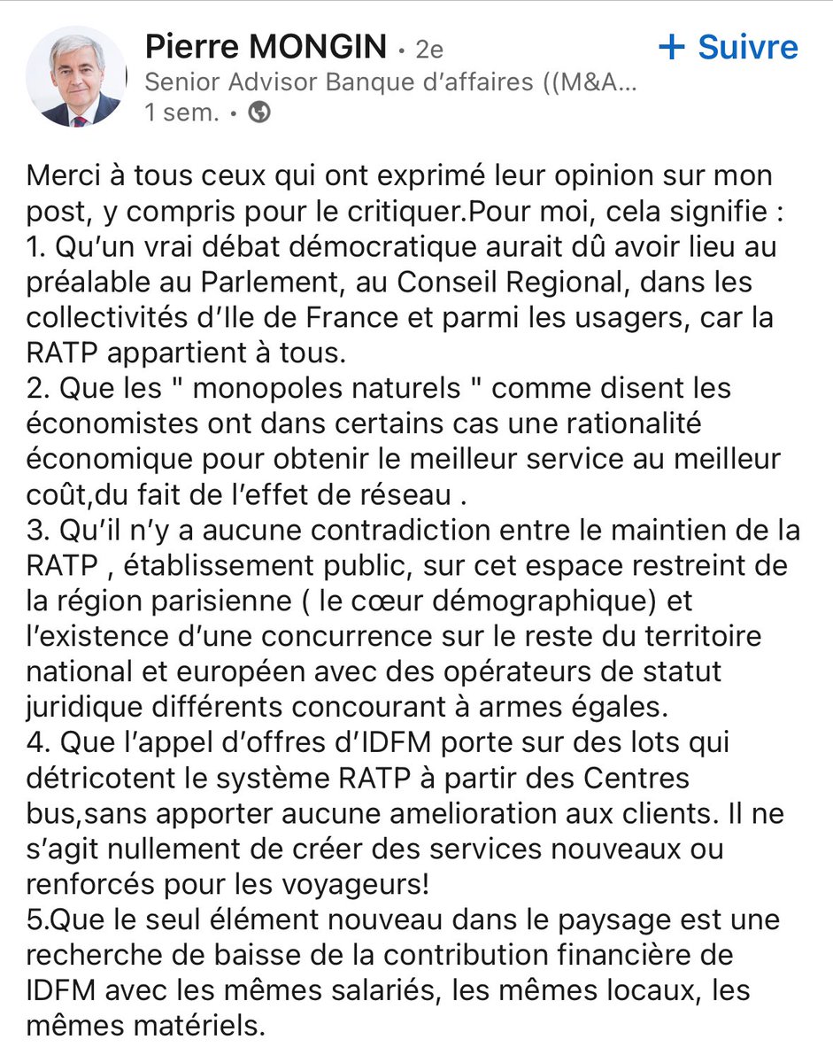 Pierre Mongin, ancien directeur de la RATP, enfonce le clou : la privatisation de la RATP par V.Pécresse est une absurdité !

On peut discuter de certains de ses arguments mais ce qui est certain est que ce processus brade le service public et détruit ce qui fonctionne.