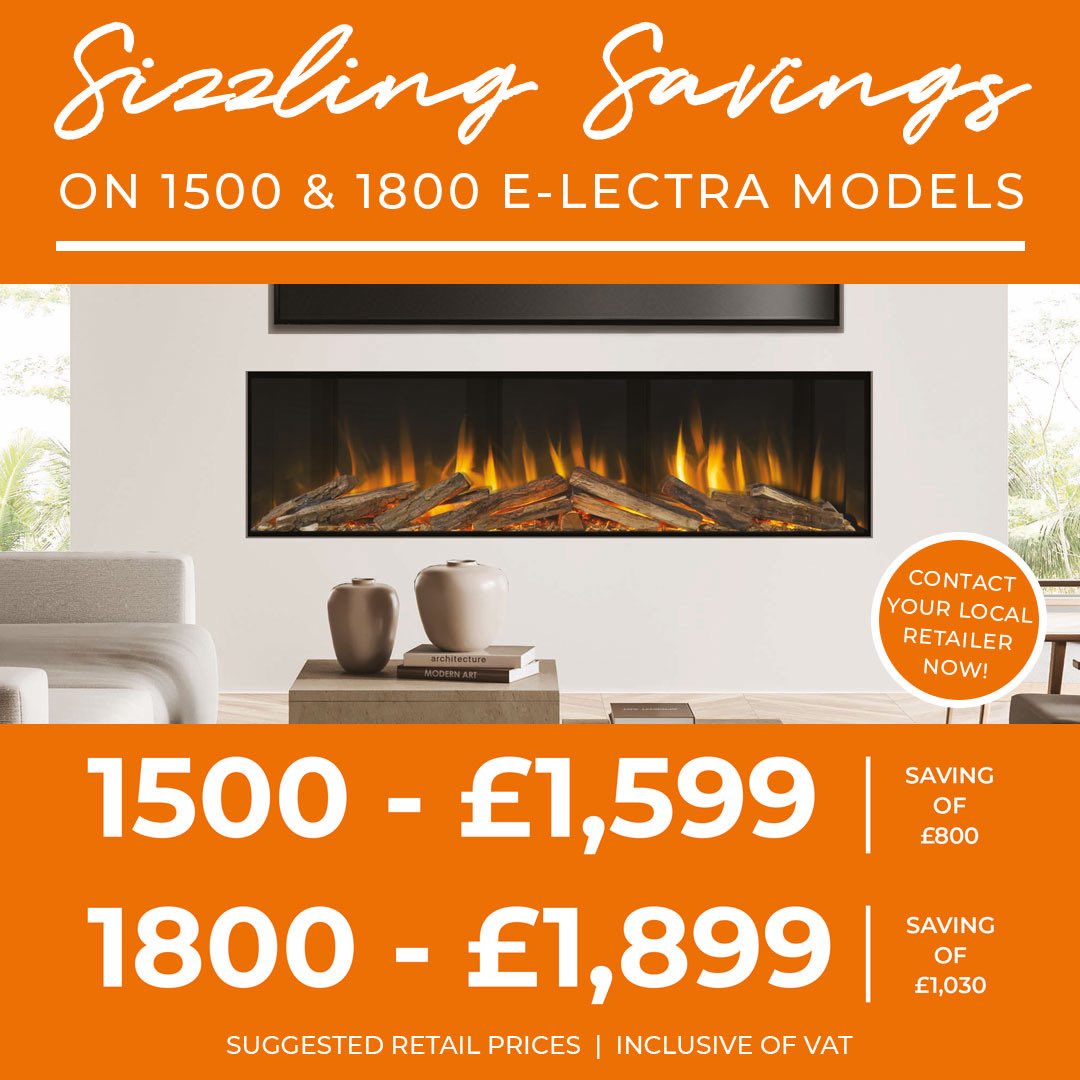 Evonicfires's tweet image. 🔥 Summer Sale! Save 33–35% on the e-lectra 1500 &amp;amp; 1800 (fire unit only) – while stocks last!

✨ 1500W heat
🌲 Realistic British log set
📱 App, remote &amp;amp; voice control
🔥 11 flame effects
🪟 HD glass + 2/3-sided panels included

evonicfires.co.uk/find-a-dealer