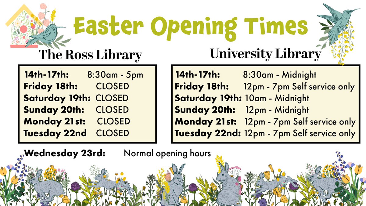🐣 Easter Opening Times 🐣

Please be aware of some upcoming reduced opening times throughout April, in both libraries.

Don't hesitate to get in touch if you have any queries. 🙂