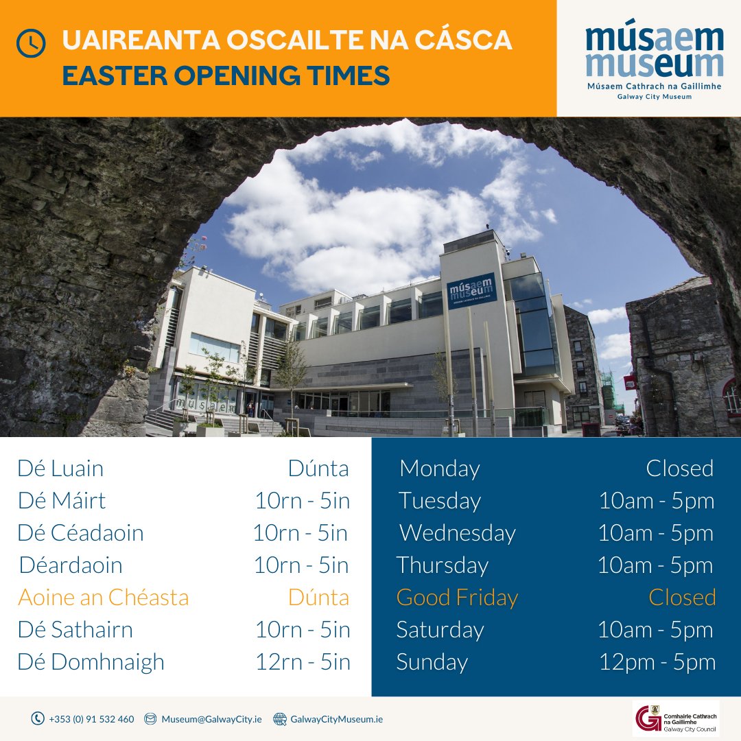 Looking for something fun and educational to do this #Easter? Visit Galway City Museum - exciting exhibitions and activities for all ages! 
🗓️ Open:
Tuesday to Thursday: 10am - 5pm
Good Friday: Closed
Saturday: 10am - 5pm
Easter Sunday (20 April): 12pm - 5pm 
Admission is FREE!