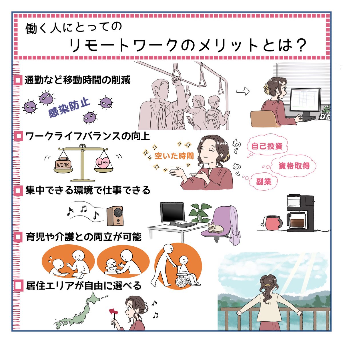 +-:+:-:+:-:+:-:+:-:+:-:+:-:+:-+:-+:-+:-+
 
 ワークライフバランス向上!
 自分に合った働き方とは

+-:+:-:+:-:+:-:+:-:+:-:+:-:+:-+:-+:-+:-+

近年リモートワークができる会社が増えました👩‍💻👨‍💻

さて、リモートワークにはどのようなメリットがあるかご存知ですか? 