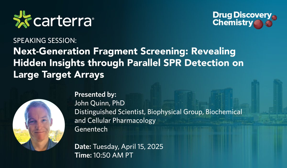 carterra_bio's tweet photo. Dr. John Quinn, Distinguished Scientist at @genentech, will be presenting at #DrugDiscoveryChemistry highlighting the new Carterra Ultra™ platform’s transformative power of using #HTSPR for #fragmentscreening over large target panels, delivering results in a matter of days. https://t.co/TGX22YPtFC