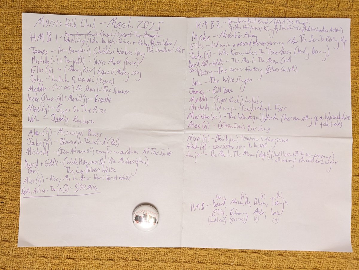 The Morris Folk Club setlist from March, as scrawled by Iain. Thank you to all who came along and performed (or just joined in). See it more legibly at morrisfolkchoir.org/p/club-setlist…, and make plans to join us on the last Tuesday of April.