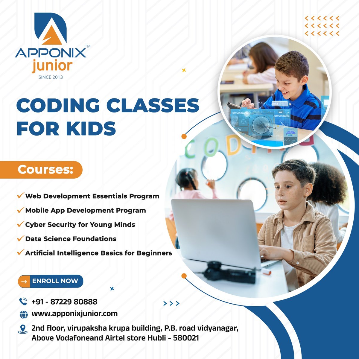 apponixjunior's tweet image. 🚀 Unlock Your Child’s Future with Coding
👩‍💻 Fun &amp;amp; interactive classes for kids by Apponix Junior
🌐 Web Dev, Mobile Apps, Cyber Security, Data Science &amp;amp; AI
📍 Hubli | 📞 87229 80888
🔗 apponixjunior.com
#CodingForKids #STEM #TechKids #FutureReady