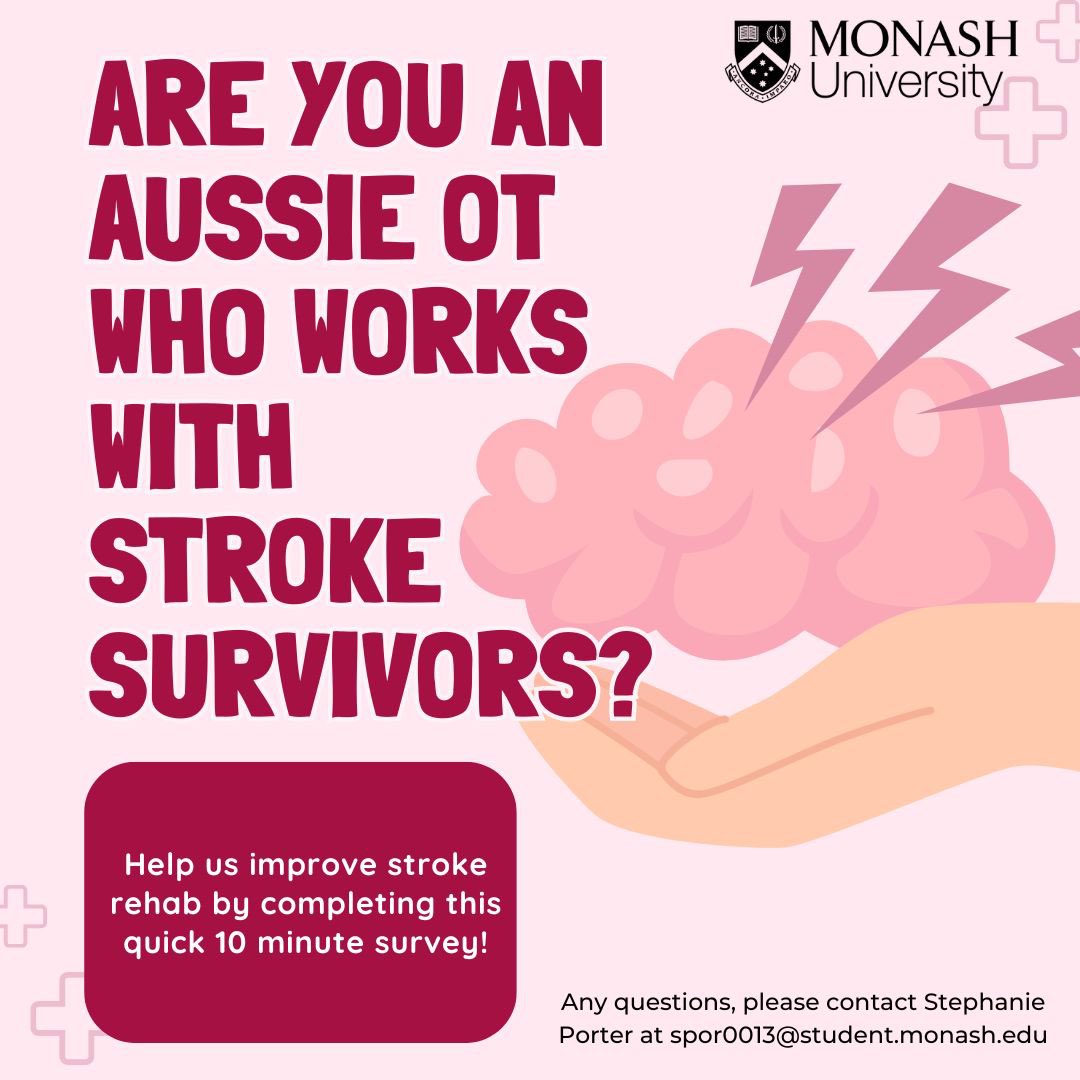 Aussie OTs, let's talk stroke rehab! Do you work with stroke survivors in Australia? Your insights are needed!
We're conducting a survey, to understand how OTs assess and visual perception 👀👁️🧠.
Take our quick 10-minute survey and make a difference:
monashred.au1.qualtrics.com/jfe/form/SV_cZ…