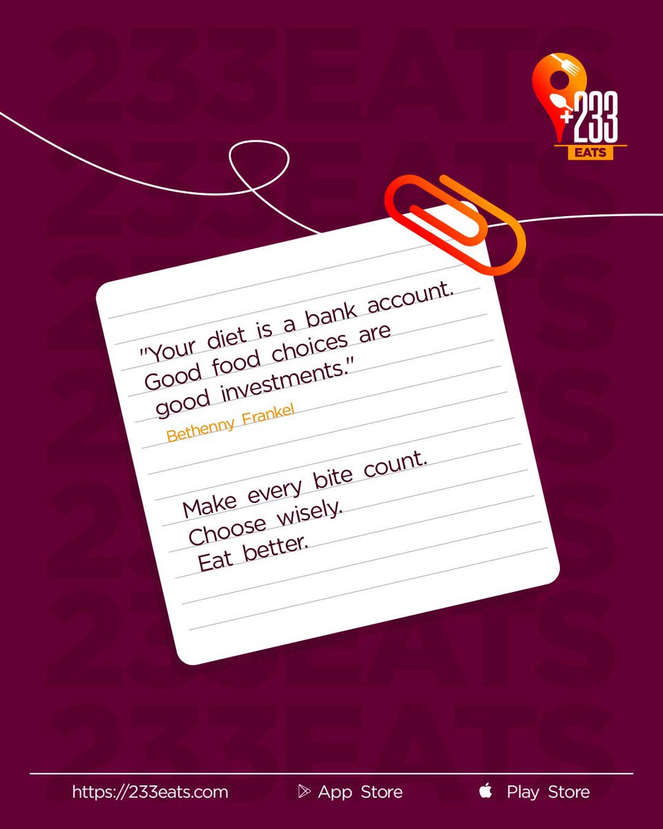 233_Eats's tweet photo. Every meal is an investment.
Just like your bank account, your diet grows with wise choices.
At +233Eats, we help you make the smartest food investments —
delicious, nutritious, and delivered.
Eat better. Live better.
#FoodForThought
#233Eats
#DownloadNow https://t.co/bx6rhtGLdv