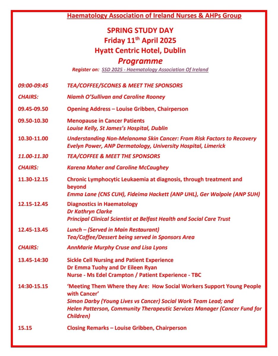 Haematology Association of Ireland Nurses & AHPs (@hainurses_ahps) on Twitter photo It's time! Welcome to Spring Study Day 2025.
Thank you to our sponsors 🙏
Kicking off with Louise Kelly, RANP at <a href="/stjamesdublin/">St James's Hospital</a> . Menopause and cancer- significant symptoms burden for patients. It's time! Welcome to Spring Study Day 2025.
Thank you to our sponsors 🙏
Kicking off with Louise Kelly, RANP at <a href="/stjamesdublin/">St James's Hospital</a> . Menopause and cancer- significant symptoms burden for patients.
