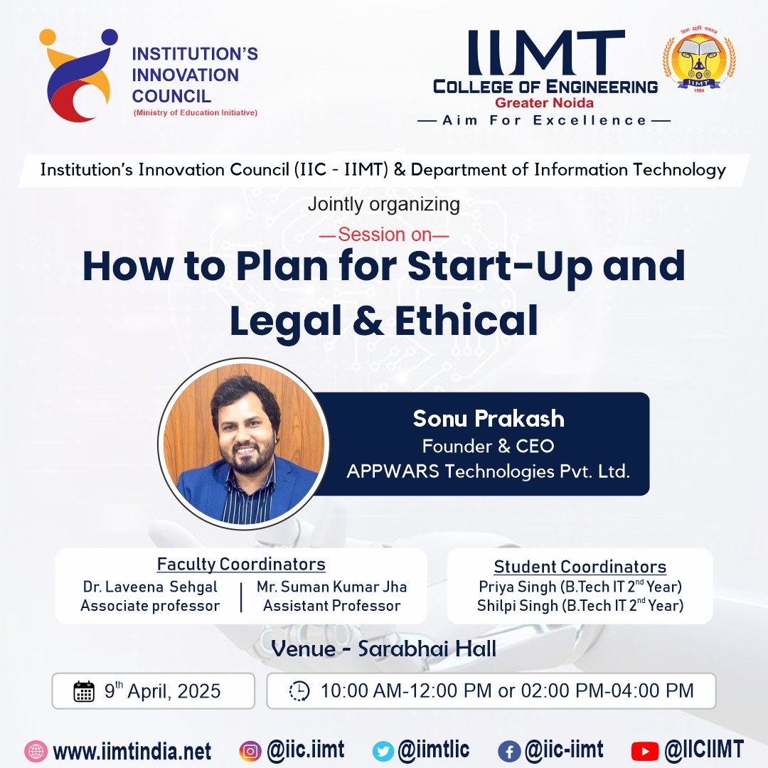 IimtIic's tweet photo. IIC IIMT College of Engineering & Department of IT are jointly organizing a session on 'How to Plan for Start up and Legal & Ethical Steps'
.
#IIMTIndia #IIC #Entrepreneur #Edcell #InnovationCell #InstitutionInnovationCouncil #smarttechnology
#entrepreneurship #entrepreneur https://t.co/MtuOV9y0uB