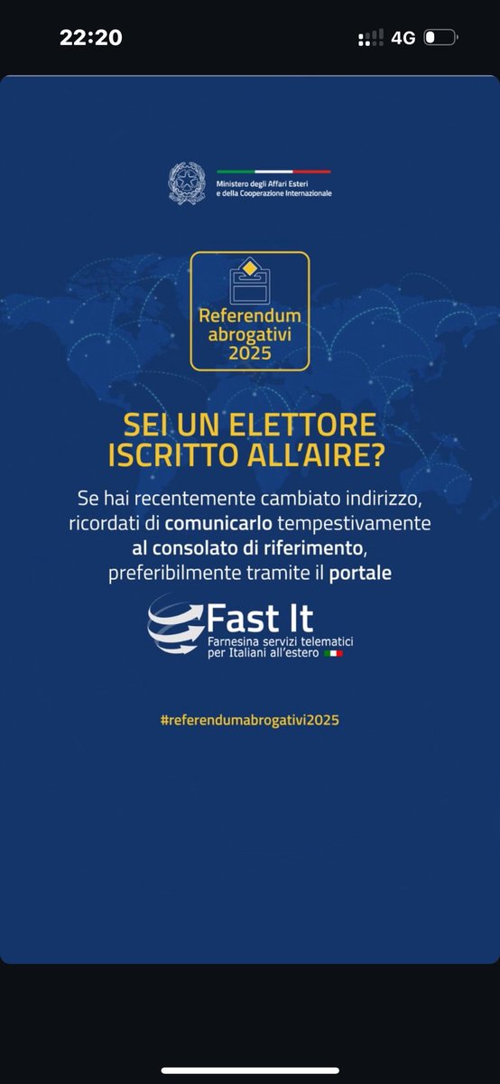 #Referendumabrogativi2025
 🗳️Sei un elettore iscritto all'AIRE?
Se hai recentemente cambiato indirizzo, ricordati di comunicarlo tempestivamente al tuo Consolato di riferimento, preferibilmente tramite il portale #Fastlt.
serviziconsolari.esteri.it/ScoFE/index.sco