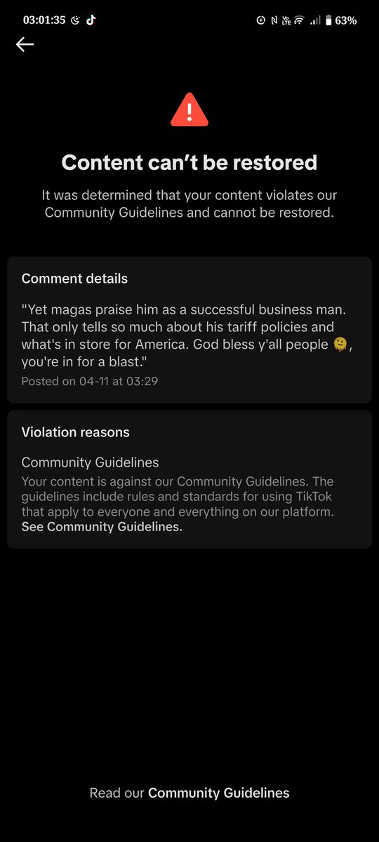 BookerMaverick's tweet photo. @TikTokLatAM is it forbidden to say "maga" or what? Several comments like this are suddenly "a violation of the guidelines". I can barely comment shit because my account seems to be flagged and even the slightest thing triggers this, but other people say "fuck this" and it's fine https://t.co/nYRnvg5BB2