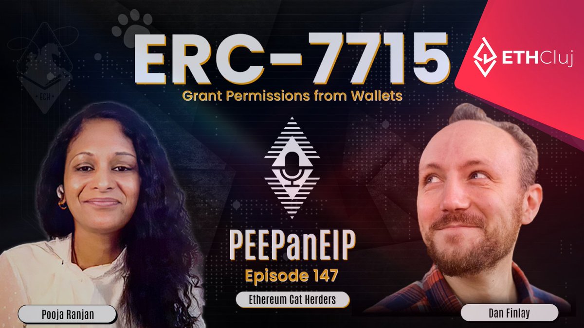 ETHCluj's tweet photo. 📢Another exciting PEEPanEIP coming up with @EthCatHerders 
🗓️17 April
⏰6PM UTC 
🔗https://t.co/QSpzZA4JMz

@danfinlay from @MetaMask will talk about ERC-7710 smart contract delegation &amp; ERC-7715 grant permissions, explaining how to make wallet connections safer &amp; easier to use. https://t.co/4ivyB7kgZF
