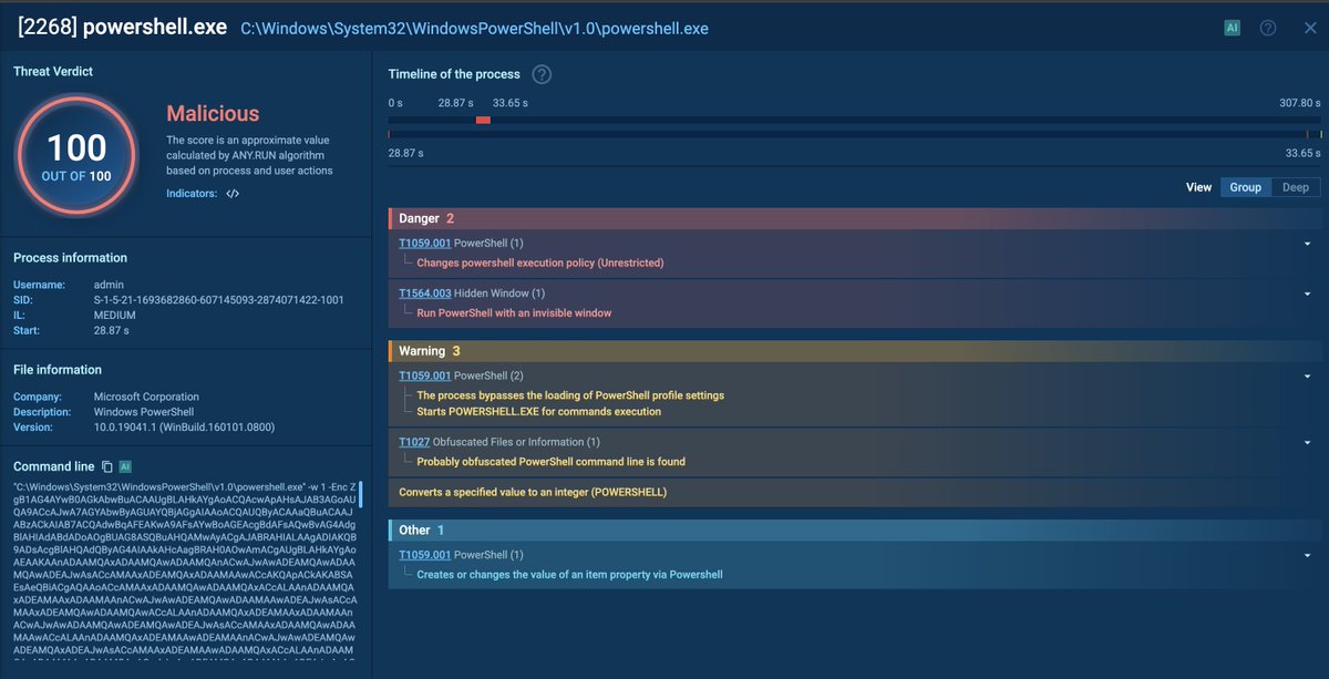 ShanHolo's tweet image. The analysis below give me the chance to learnt more about #Decoding #Malware

app.any.run/tasks/197400df… 

1⃣📸It&apos;s well known the TAs try to decode/cypher their payloads bypassing the detections methods.
2⃣📸Base64 coded PowerShell
➡️-w 1 ➡️hidden (same as -WindowStyle Hidden)