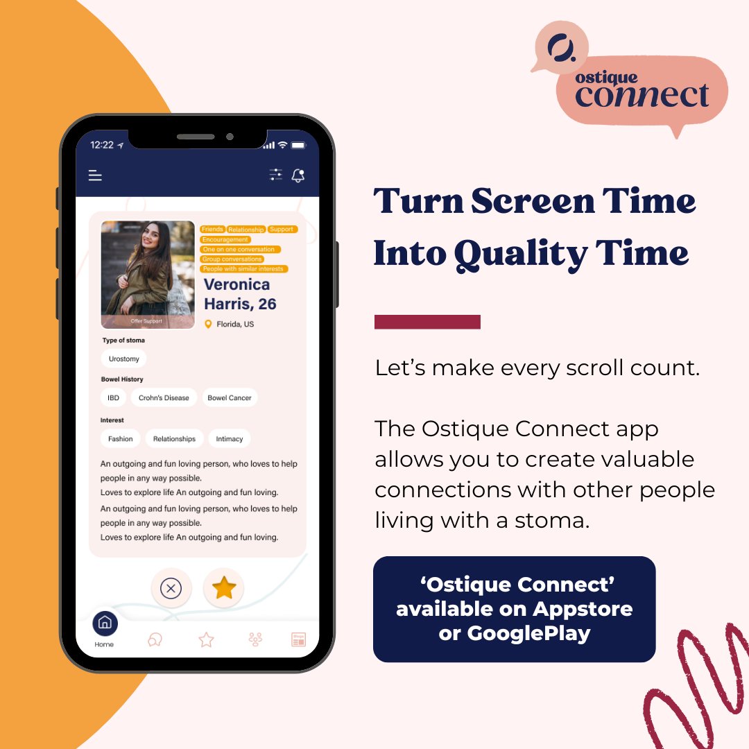 Discover a supportive community by downloading the free 'Ostique Connect' mobile app. 

Connect with fellow ostomates who share experiences similar to yours and find encouragement along your journey.  

Link in bio! 🌟

#OstomySupport #ibd #ConnectWithFriends #OstomateJourney