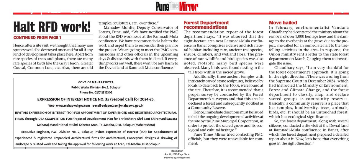 vandymini's tweet image. 🙏Grateful to #Pune Forest Division for recommending Ram Mula Devrai Sacred Grove as a &quot;Community Reserve&quot; and proposing to halt River Front Development work there . 🌳  @MahaForest 

#SaveRamMulaDevrai
@moefcc @NaikSpeaks @KVSinghMPGonda @Dev_Fadnavis
punemirror.com/pune/cover-sto…
