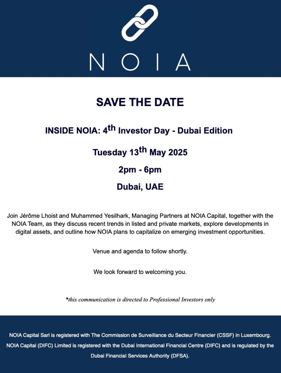 NOIA Capital is excited to announce its inaugural Dubai Investor Day. 

Please let us know via the below link (or just a like) if you want to reserve your spot! 

lnkd.in/eiJ2T9Kt