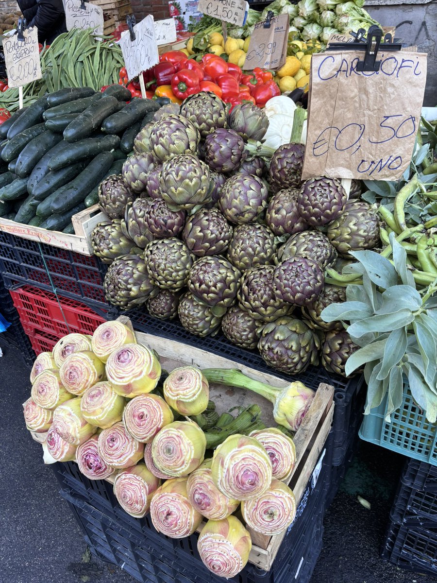 It’s Artichoke season in Rome.  Artichokes for sale at fresh market.