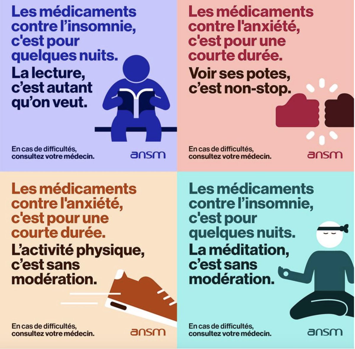 OrdreInfirmiers's tweet photo. 📢 Anxiété, insomnie : les médicaments, une aide temporaire, pas une solution permanente

L’Agence nationale de sécurité du médicament et des produits de santé sensibilise le grand public et les professionnels de santé, dont les infirmiers, sur l’usage des médicaments contre l’anxiété et les troubles du sommeil, en particulier les benzodiazépines.

🎯 Les infirmiers jouent un rôle clé dans l’accompagnement des patients : repérage des signes de dépendance, éducation thérapeutique, conseils sur les alternatives non médicamenteuses, et relais d’alerte auprès des prescripteurs.

📊 Quelques chiffres parlants : 

🔹 La France est le 2e pays européen consommateur de benzodiazépines ;
🔹 Plus de 9 millions de Français en consomment ;
🔹 Plus d’1 personne sur 3 estime ne pas courir de risque.

🚨 Pourtant, ces médicaments peuvent entraîner :

🔸 Dépendance
🔸 Somnolence
🔸 Chutes
🔸 Troubles de la mémoire
🔸 Altération des capacités de conduite

💡 Toujours selon l'@ansm, voici quelques alternatives à promouvoir :

✔️ Lecture
✔️ Activité physique
✔️ Méditation
✔️ Temps avec ses proches

En tant qu’infirmiers, soyons pleinement acteurs de cette démarche de prévention et d’éducation à la santé !

👉 En savoir plus : https://t.co/GhMjHJtmIR