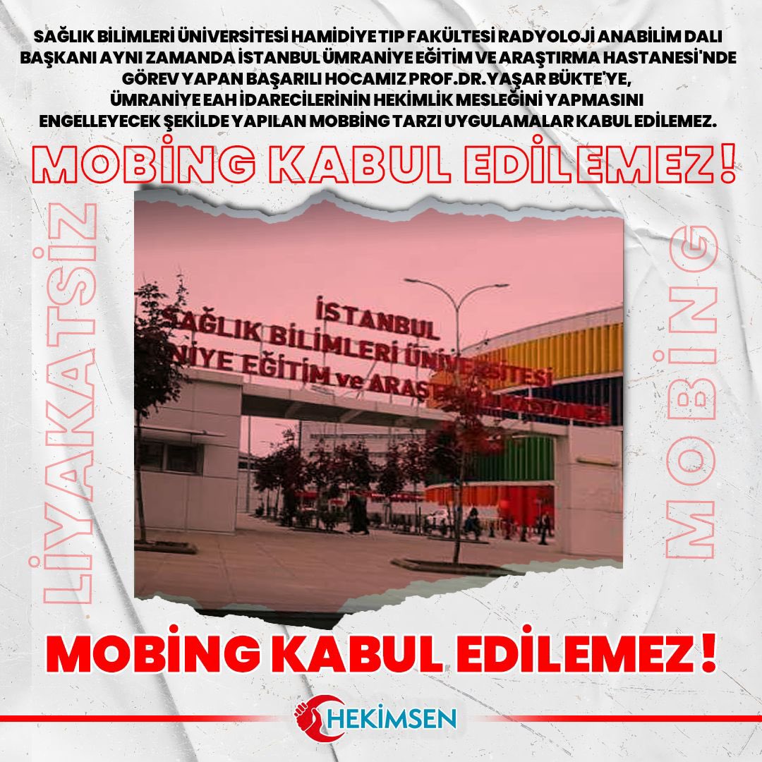 Sağlık Bilimleri Üniversitesi Hamidiye Tıp Fakültesi Radyoloji Anabilim Dalı Başkanı aynı zamanda İstanbul Ümraniye Eğitim ve Araştırma Hastanesi'nde görev yapan başarılı hocamız Prof.Dr.Yaşar BÜKTE'ye, Ümraniye EAH idarecilerinin hekimlik mesleğini yapmasını engelleyecek şekilde