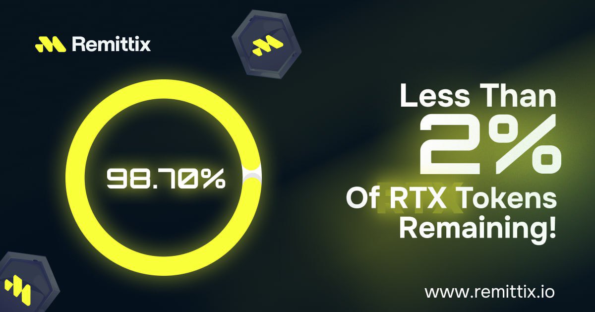 remittix's tweet photo. Less than 2% of $RTX tokens left at this price! 

Don’t miss out, secure your stack before the next price increase!

Next Price: $0.0757

Website➡️: https://t.co/8O7I8AcG37

$RTX #Remittix #Presale https://t.co/4WANWJlNEw