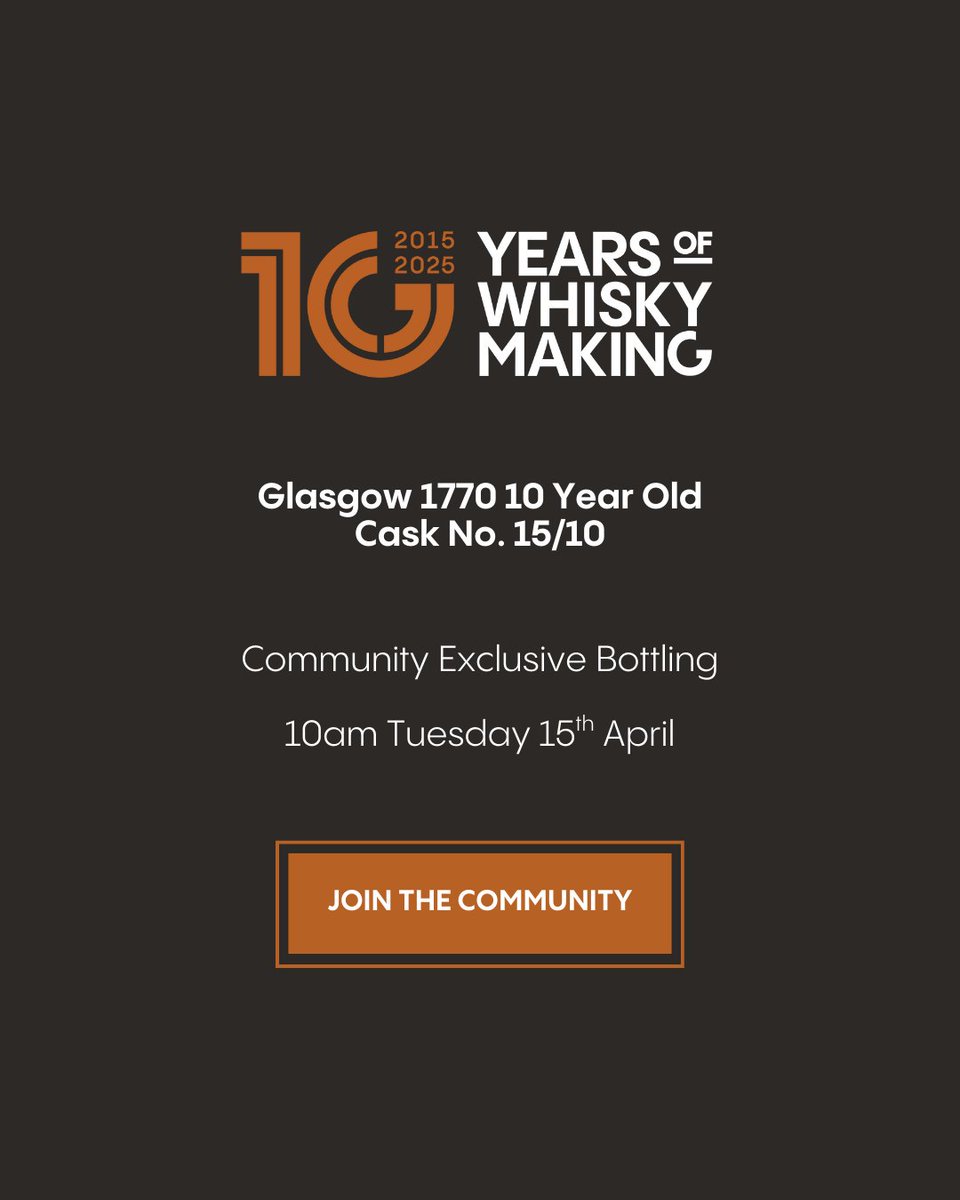 Glasgow 1770 10 Year Old is here – our first age statement single malt.

Cask 15/10, filled in 2015, bottled at 54% ABV.

£69, one per person.

Live 10am - Tues 15 April, exclusively to Community members.

Join now for access: bit.ly/GDC-Community