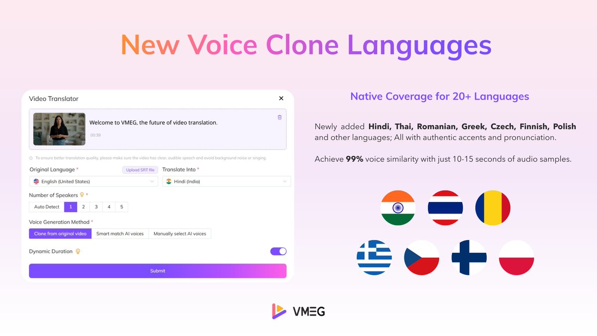 vmeg_ai's tweet photo. 🗣️ VMEG just leveled up!
Now supports voice cloning in 7 new languages:
🇮🇳 Hindi
🇹🇭 Thai
🇷🇴 Romanian
🇬🇷 Greek
🇨🇿 Czech
🇫🇮 Finnish
🇵🇱 Polish
Authentic accents & natural pronunciation
99% voice match with just 10–15 sec of audio!
#aivoice #VMEG #Multilingual #voicecloning https://t.co/Ym3K5w4vcC