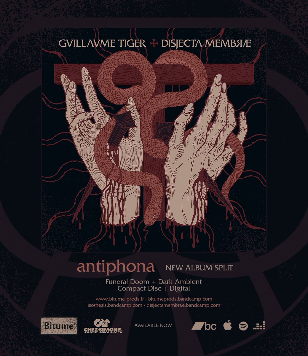"Antiphona", the split between DISJECTA MEMBRAE [Funeral Doom] and GUILLAUME TIGER [Dark Ambient], is now available on CD digipack and digital on bandcamp also available on streaming platforms.
bitumeprods.bandcamp.com
kasurl.com/QvimS

#funeraldoom #darkambient #blackmetal