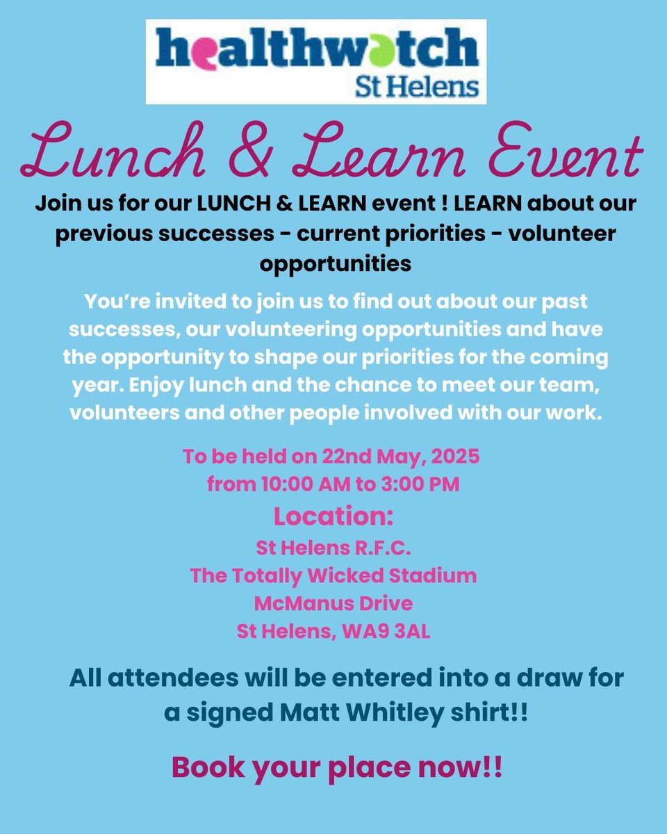 Come and join us for our Lunch &amp; Learn Event on 22nd May 2025.   Hear about our previous successes and our priorities for 2025, which you will be able to have the opportunity to help shape.

Book your place now!
haltonsthelensvca.org.uk/civicrm/event/…