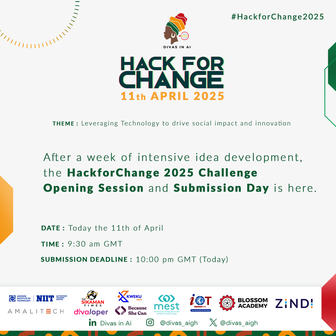 divas_aigh's tweet photo. ITโS TODAY! ๐ The Opening Session & Submission Day for #HackforChange2025 is HERE!
We can't wait to see your mental health & telehealth innovations.
๐
Opening Session: 9:30 AM GMT
โณ Submission Deadline: 10:00 PM GMT
๐ Location: Both Virtual
Good luck!
#DIAG #IWD2025 https://t.co/YMRuS1NN0D