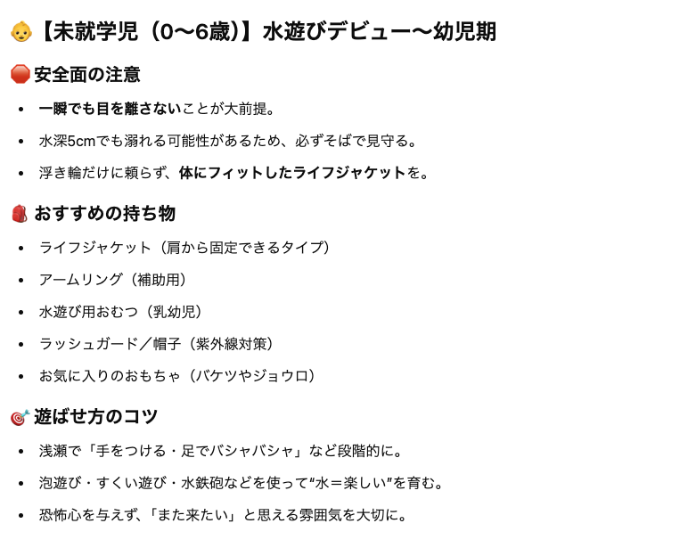 pipepro_kmd's tweet photo. #GW のお出かけ（特に水辺）で注意すべきポイントやおすすめの持ち物をチャットGPTに聞いてみました👨‍🏫
年代別でまとめられています💡

事故なく楽しいGWを過ごすためにお出かけをする際は家族でルールを決めるのも良いかもですね✨️ https://t.co/py12Jwrzq4