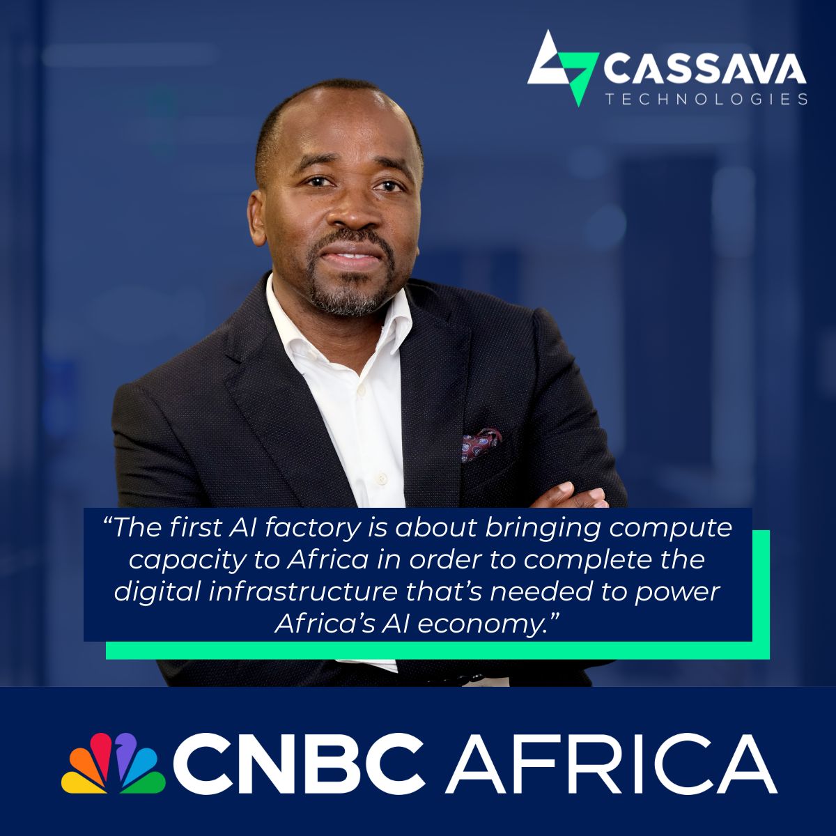 CassavaTech's tweet photo. Watch our President and Group CEO, Hardy Pemhiwa, explaining on CNBC Africa’s Power Lunch how the Cassava AI Factory, Africa’s first AI-enabled data centre in collaboration with NVIDIA accelerated computing, is set to enhance Africa's AI adoption.

This integration of AI technology into Africa's digital framework will revolutionise the continent's tech landscape and foster economic growth and innovation by providing faster and more energy-efficient compute capacity, bolstering human capital through digital upskilling initiatives, and unlocking new economic opportunities amidst evolving global trade dynamics.

Watch the full interview: https://t.co/E2tYxRHmYy 

#AI #Innovation #AfricaTech #CassavaAI
