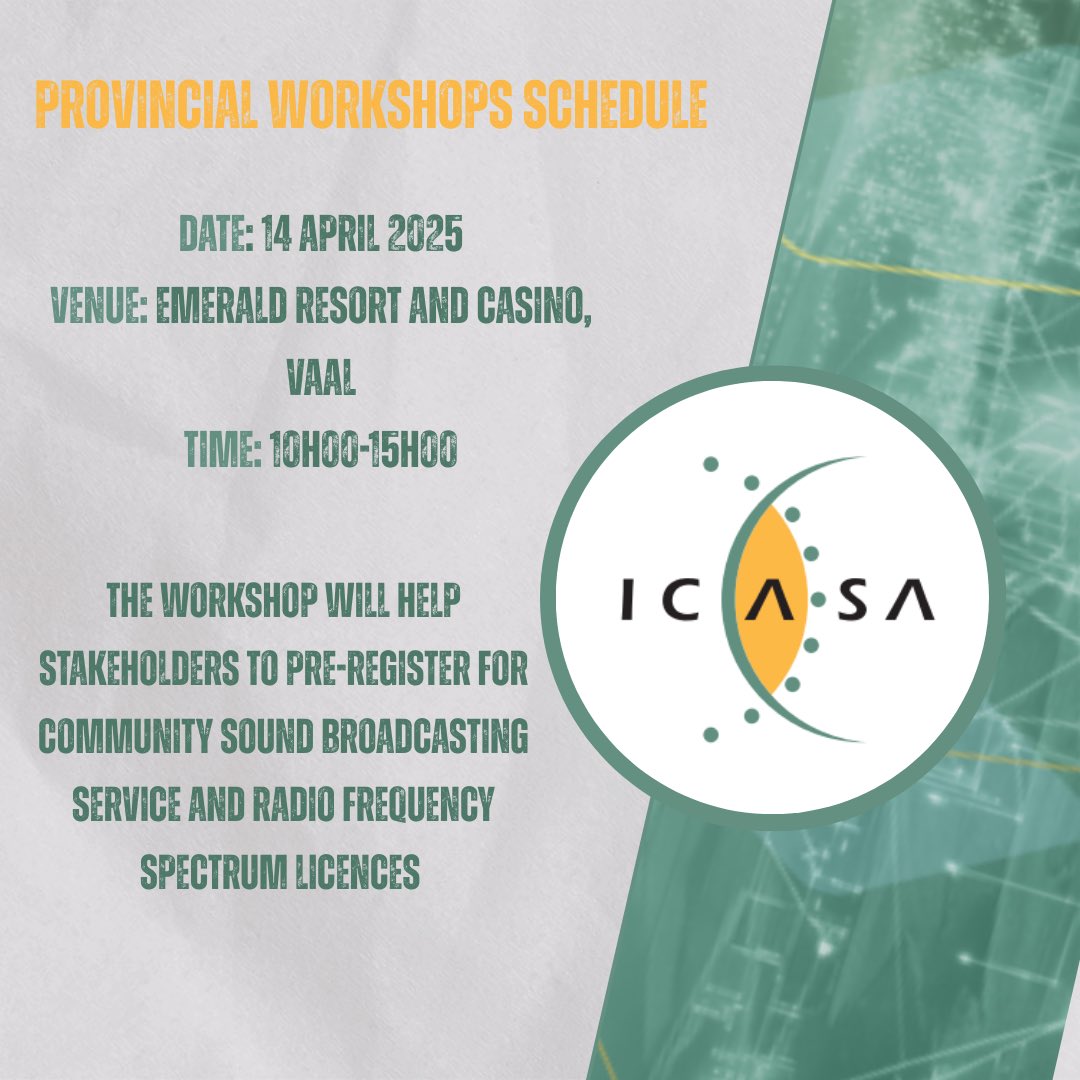 Join us for the Gauteng Provincial Workshop on the Community Radio Pre-Registration Process.

Event Details:
Date: 14 April 2025
Time: 10:00 – 15:00
Venue: Emerald Resort &amp; Casino, Vaal