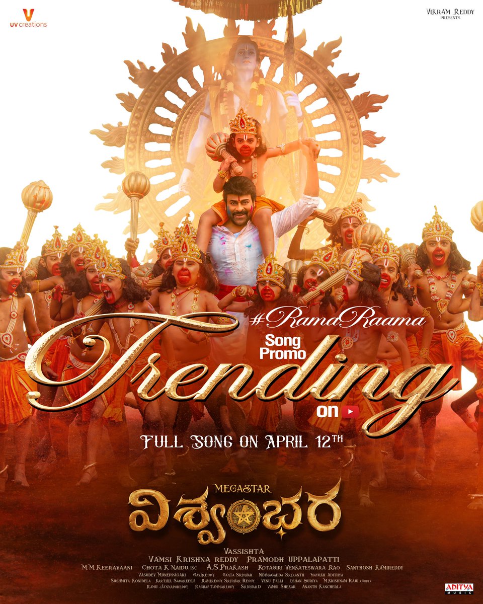 UV Creations (@uv_creations) on Twitter photo #Vishwambhara First Single #RamaRaama promo TRENDING on YouTube 🔥
▶️ youtu.be/561SOixBgVg
This one will be very special ✨
Full song out tomorrow at 11.12 AM ❤️🔥
Music by the Legendary <a href="/mmkeeravaani/">mmkeeravaani</a> 🛐
Lyrics by 'Saraswatiputra' <a href="/ramjowrites/">RamajogaiahSastry</a> ✒️
Sung by <a href="/Shankar_Live/">Shankar Mahadevan</a> #Vishwambhara First Single #RamaRaama promo TRENDING on YouTube 🔥
▶️ youtu.be/561SOixBgVg
This one will be very special ✨
Full song out tomorrow at 11.12 AM ❤️🔥
Music by the Legendary <a href="/mmkeeravaani/">mmkeeravaani</a> 🛐
Lyrics by 'Saraswatiputra' <a href="/ramjowrites/">RamajogaiahSastry</a> ✒️
Sung by <a href="/Shankar_Live/">Shankar Mahadevan</a>