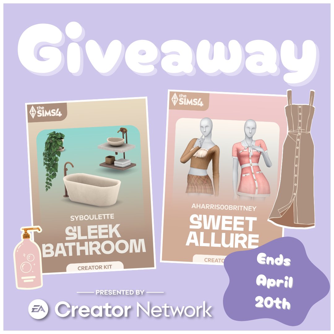 ✨GIVEAWAY✨

2 Winners, each gets ONE of the kits  

── .✦ RULES ✦.──
▸ Like &amp; RT 
▸ Comment which kit you want and your favorite heart emoji 💗

Thanks to the #EACreatorNetwork for making this possible 🩷

#TheSims4 #EAPartner #SleekBathroomKit #SweetAllureKit
