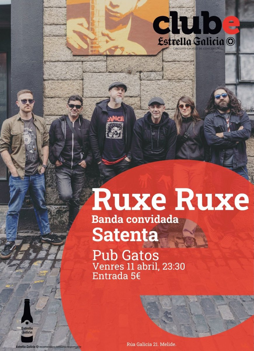 Hoxe imos a #Melide grazas a <a href="/estrellagalicia/">Estrella Galicia</a> Os míticos <a href="/ruxeruxe/">ƦƲҲЄ ƦƲҲЄ</a> xunto a <a href="/satenta_oficial/">SATENTA</a> estarán no <a href="/PubGatos/">Pub Gatos</a> ofrecendo boa música a quen se achegue. A Rockear!
<a href="/ClubturaGalicia/">Clubtura</a> 
<a href="/gal_concierto/">GALICIAenCONCIERTO</a>