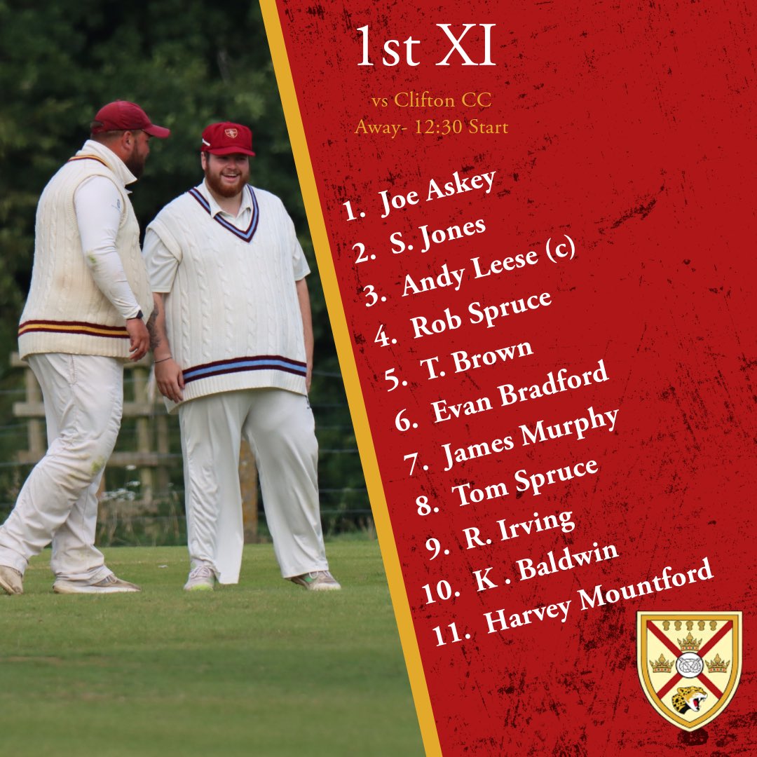 First teamsheet of 2025 🤩🤩 
The 1st team start the season with a friendly match at Clifton Cricket Club !
If you’ve got some time on Saturday, go and support the lads, then join us back at the club for some live music! 🕺