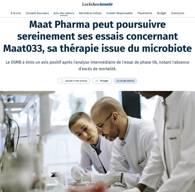 📰 More Great Media Coverage for our positive safety update for MaaT033 in Phase 2b trial!
We’re proud to see <a href="/InvestirFr/">Investir</a> Les Echos cover the DSMB’s favorable interim safety assessment in our ongoing study in allo-HSCT patients.
👉 Read the article here: investir.lesechos.fr/actu-des-valeu…