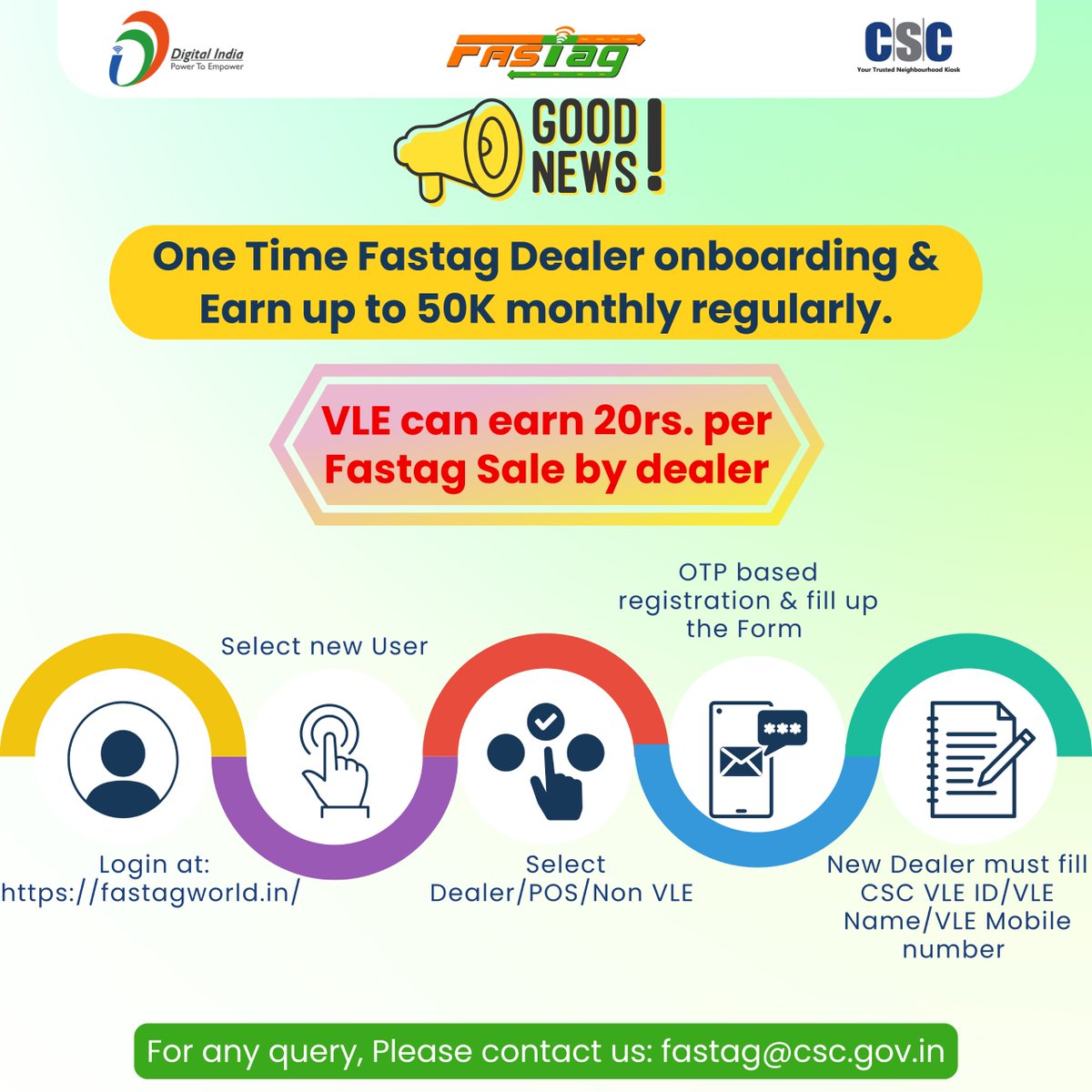 cscfinancial_'s tweet photo. Good News for CSC VLEs…
One Time Fastag Dealer onboarding & Earn up to 50K monthly regularly.
VLE can earn 20 rs. per Fastag Sale by dealer
#csc #cscfastag #cscvle #cscfinancialservices https://t.co/Y84DhkynnO