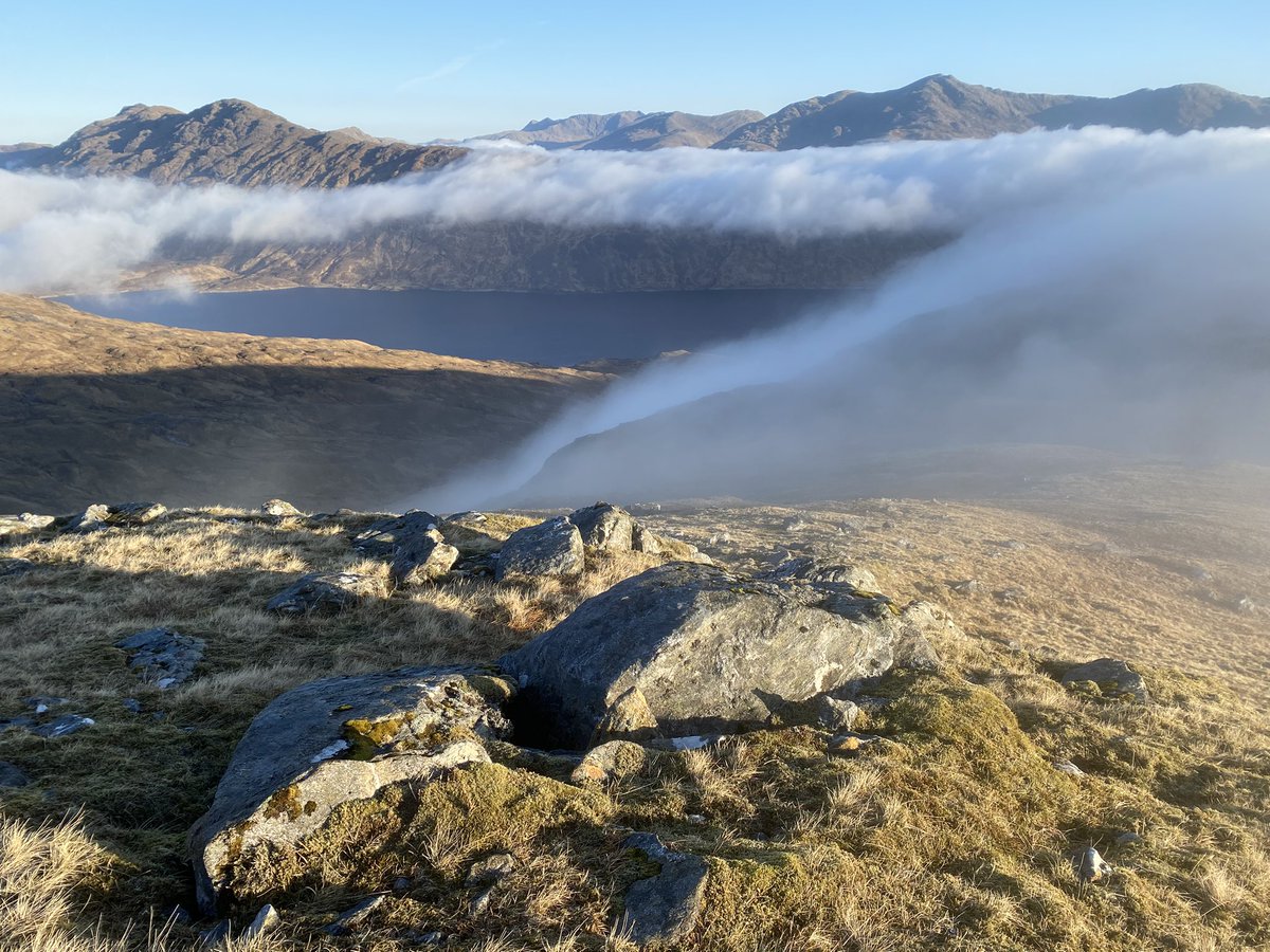StrachanHazel's tweet photo. Third (and last day) of a #packraft trip to the eastern edge of #Knoydart on Loch Cuaich. Climbed out of the cloud bank on Sgurr an Fhuarain into another world. Cloud lapped against the side through Glen Kingie. Fantastic day!
#Munros #Scotland https://t.co/CpAT9CaCZB