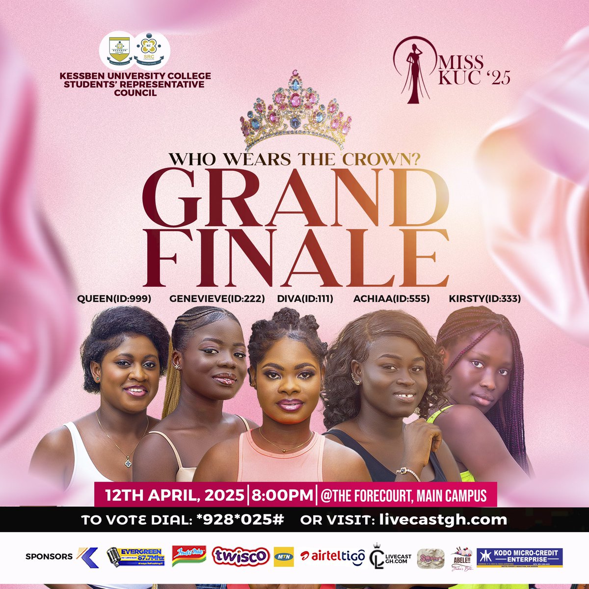 KcsrcOfficial's tweet photo. The Crown Awaits… Who Will Wear It?
The Grand Finale of Miss KUC ‘25 is here!  
Join us this Saturday, 12th April, 2025 at 8:00 PM at the Forecourt, Main Campus for a night of elegance, talent, and royalty.  
Vote Now: Dial *928*025# or visit https://t.co/CfkzW1RF0Q https://t.co/U8VcYXDora