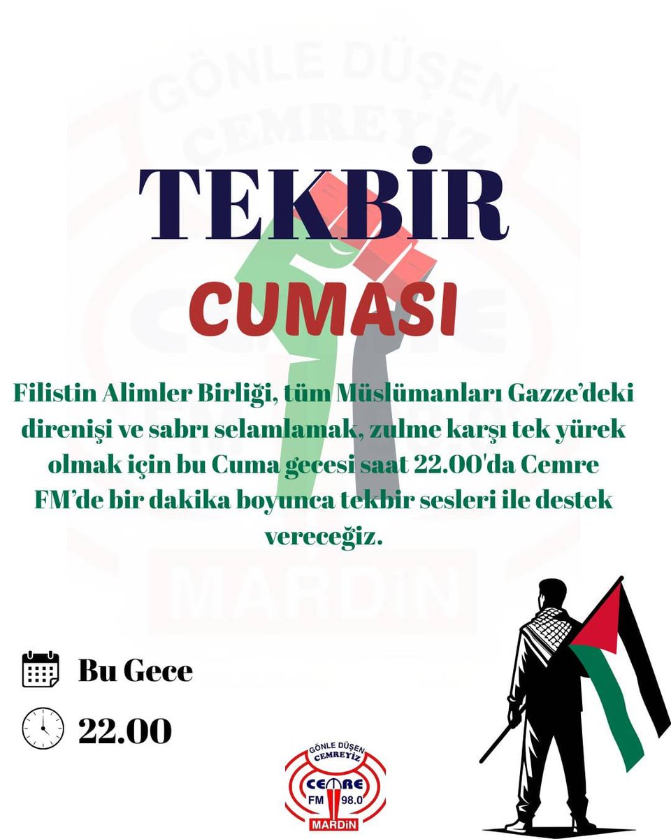 Tekbir Cuma’sına Destek!

Gazze'de ki direnişin yanında olduğumuzu haykırmak için, 11 Nisan Cuma saat 22.00'de sorumlu yayıncılık gereği yayınlarımızı kesip tekbir vereceğiz. Dinleyicilerimizi meydanlardan, sokaklardan tekbirlerle göğü titreten sese ortak olmaya davet ediyoruz.