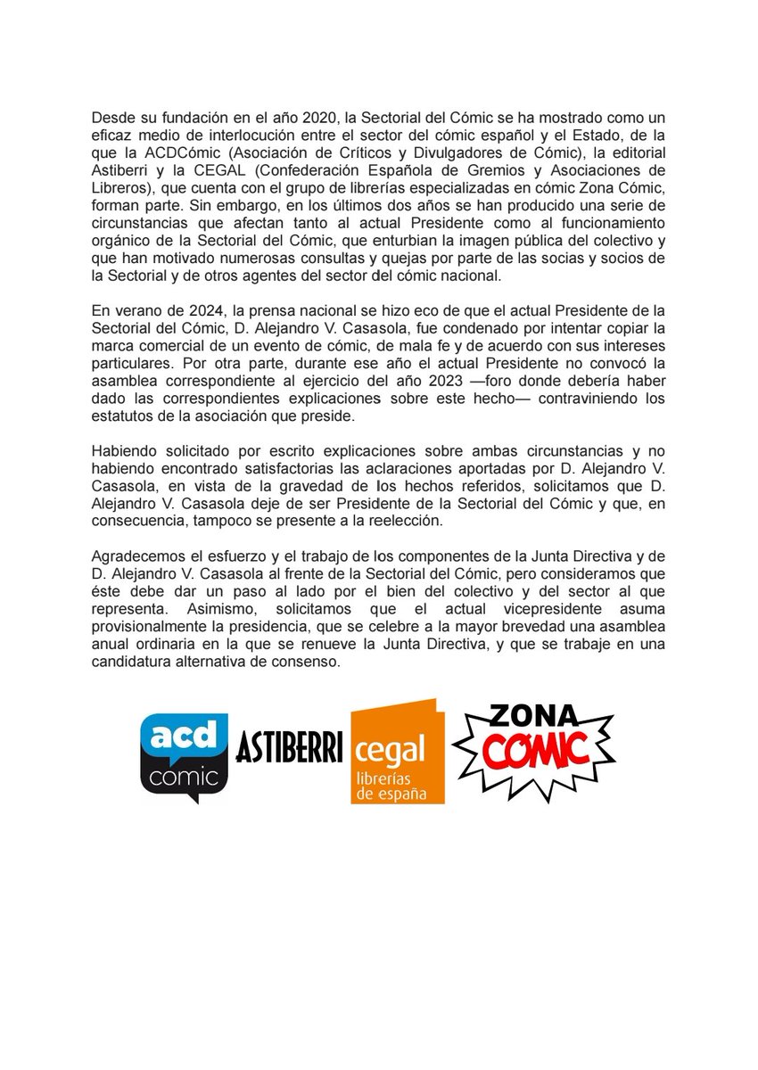 davidrubin (@davidrubin) on Twitter photo Muy de acuerdo con lo expuesto en estos DOS comunicados; con el 1° de <a href="/ACDComic/">ACDCómic</a> , <a href="/Astiberri/">Astiberri Ediciones</a> , <a href="/LibreriasCEGAL/">CEGAL</a> y <a href="/RedZonaComic/">Librerias Zona Comic</a>, pq es una vergüenza que, tras tanto tiempo desde que salió la sentencia en firme, Casasola siga tan pancho de presidente de la <a href="/SectorialComic/">Sectorial del Cómic</a>
>> Muy de acuerdo con lo expuesto en estos DOS comunicados; con el 1° de <a href="/ACDComic/">ACDCómic</a> , <a href="/Astiberri/">Astiberri Ediciones</a> , <a href="/LibreriasCEGAL/">CEGAL</a> y <a href="/RedZonaComic/">Librerias Zona Comic</a>, pq es una vergüenza que, tras tanto tiempo desde que salió la sentencia en firme, Casasola siga tan pancho de presidente de la <a href="/SectorialComic/">Sectorial del Cómic</a>
>>